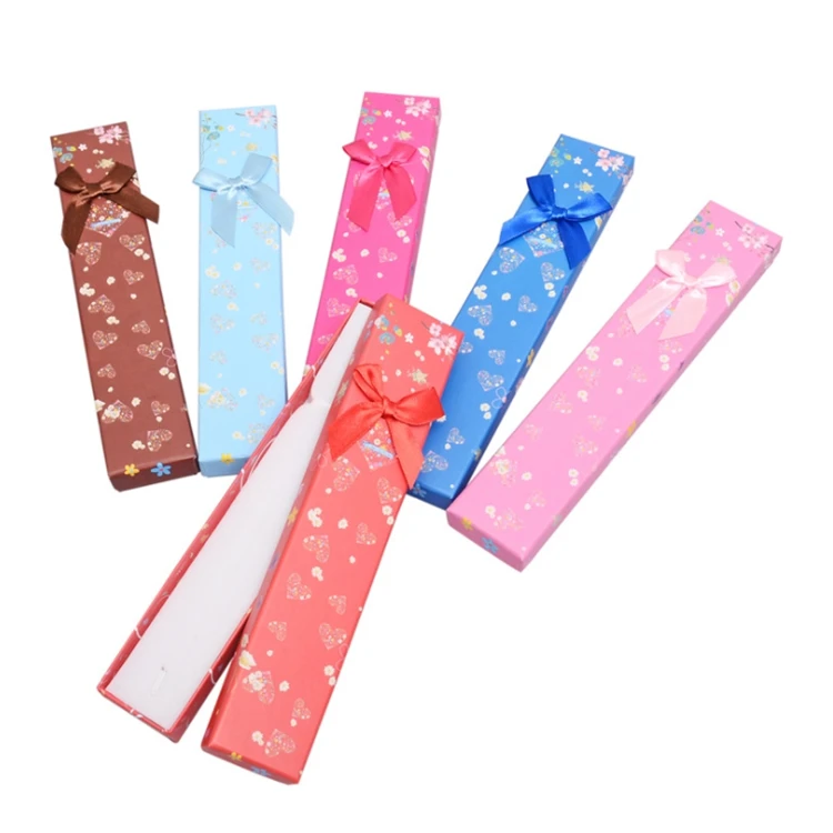 Роскошные розовые синие шкатулки для украшений, упаковочная бумага, длинная шкатулка для украшений с принтом и бантом для комплекта ожерелий