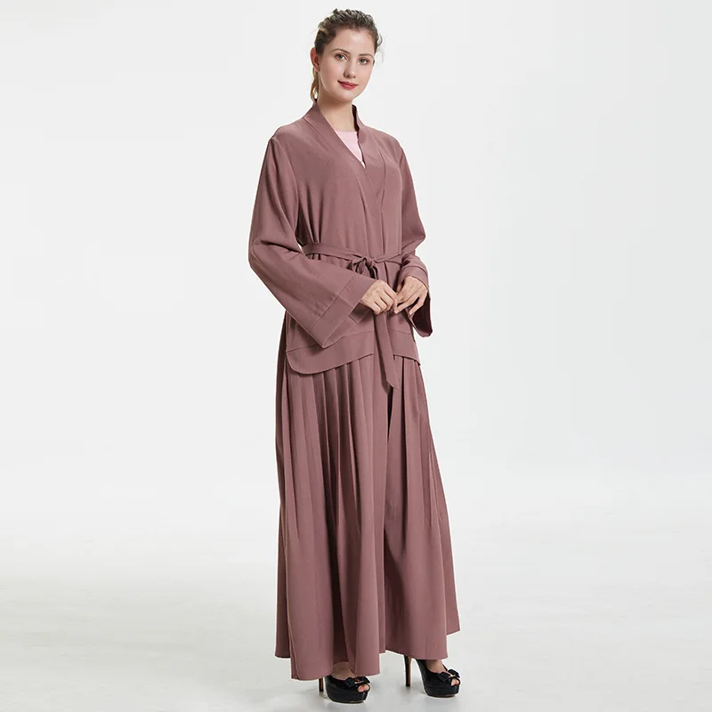 2018 Autumn new arrive arab tunic robes with belt front open muslim abaya dress solid color islamic clothing collections