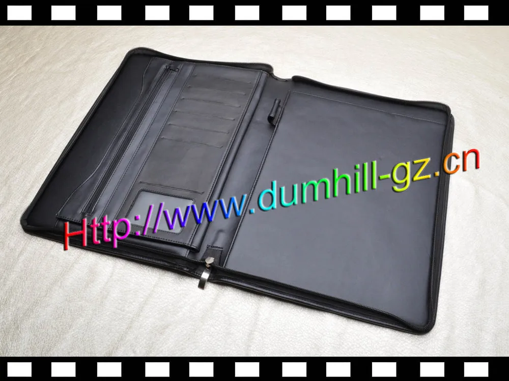 Luxury customized A4 leather document holder zip around with paper pad inside silk printing logo