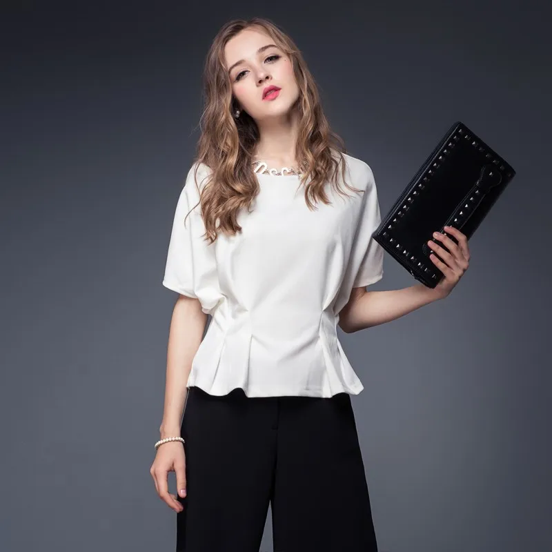 Новый стиль женщина шифоновая блуза рубашки OL леди круглым воротом с коротким рукавом оборками топы мода шифон блузка G0535