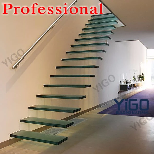floating glass stairs/staircase with wooden treadboards price,floating stair kits