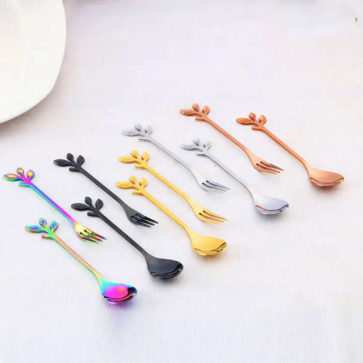 Вилка и ложка для торта с листьями, набор красочных маленьких вилок и ложек для торта из нержавеющей стали