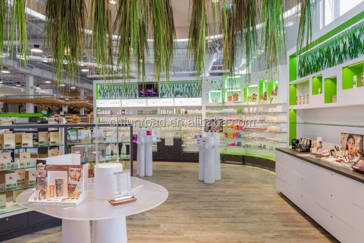 hot selling newest custom retail shop floor standing wooden cosmetic store furniture/makeup showcase design for sale