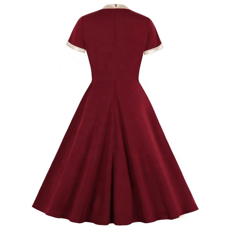 2019 Solid Women Retro Dress Short Sleeves Pleated Vintage Dress