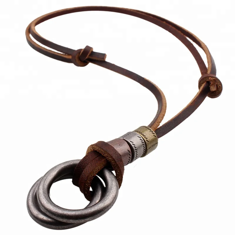 Vintage 2 rings pendant leather cord necklace wholesale Real leather rope necklace with alloy pendant