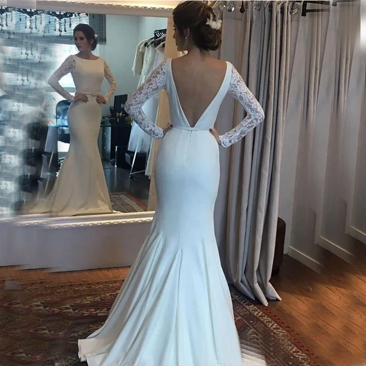 
O-Neck Backless Satin Lace Long Sleeve Beauty Indonesia Wedding Dress Bridal Gown Mermaid 