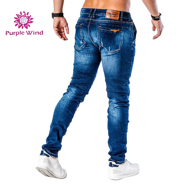 Slim fit stretch scratch with decorative patch denim jeans for men