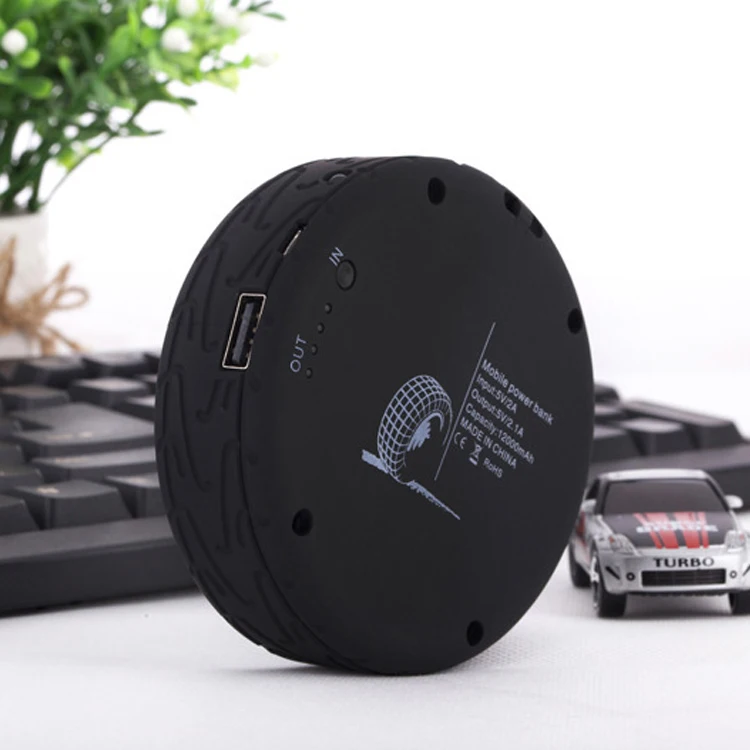 Fashion car wheel tire shaped mobile battery charger,12000mah 2A output tyre power bank for smartphone