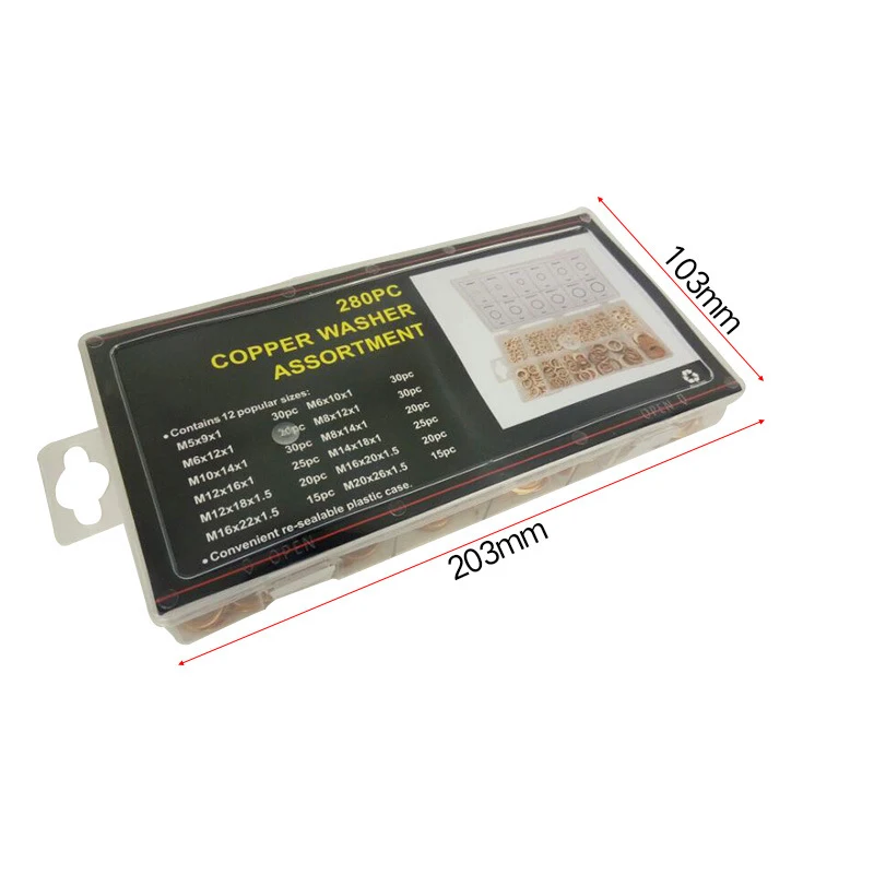 Набор из 280 шт., уплотнительное кольцо из латуни, плоская шайба, уплотнительная прокладка, автомобильные запасные части, медные крепежи