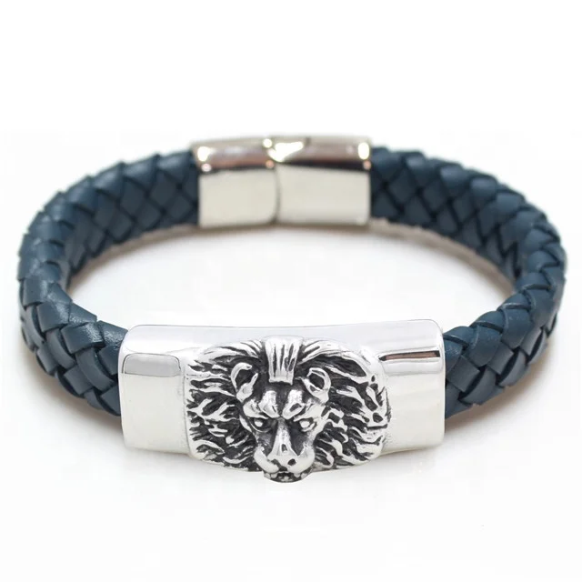 316l stainless steel lion head leather bracelet wholesale