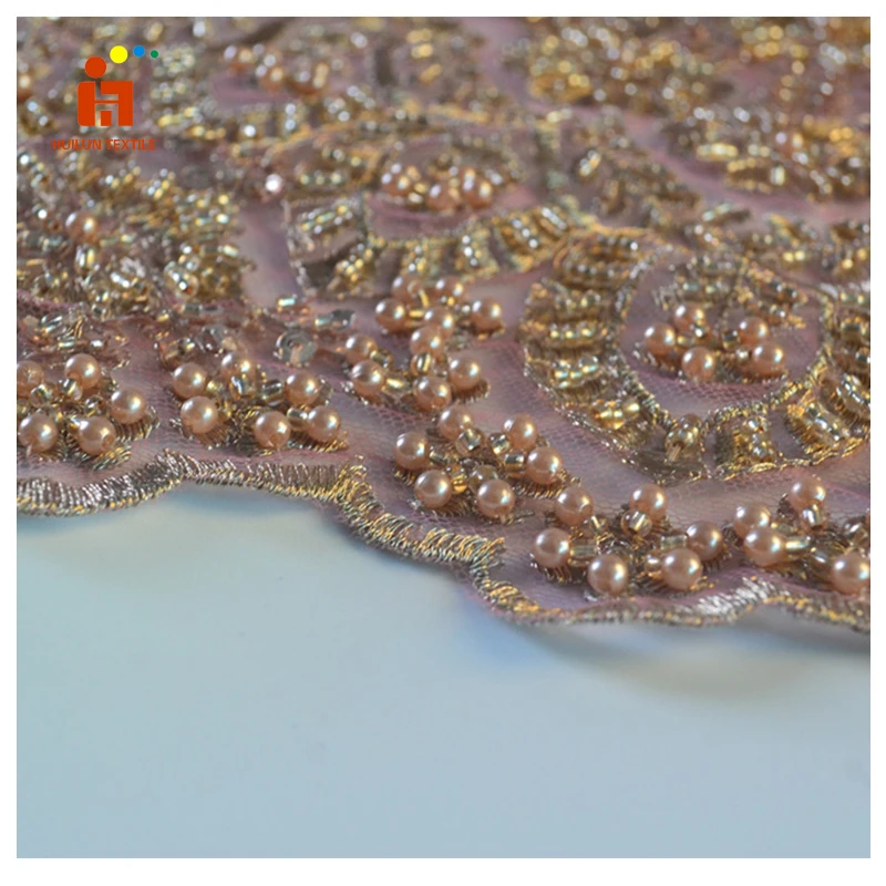HLSD184# recycled polyester hand beaded mesh tulle sequin bead embroidery lace fabric