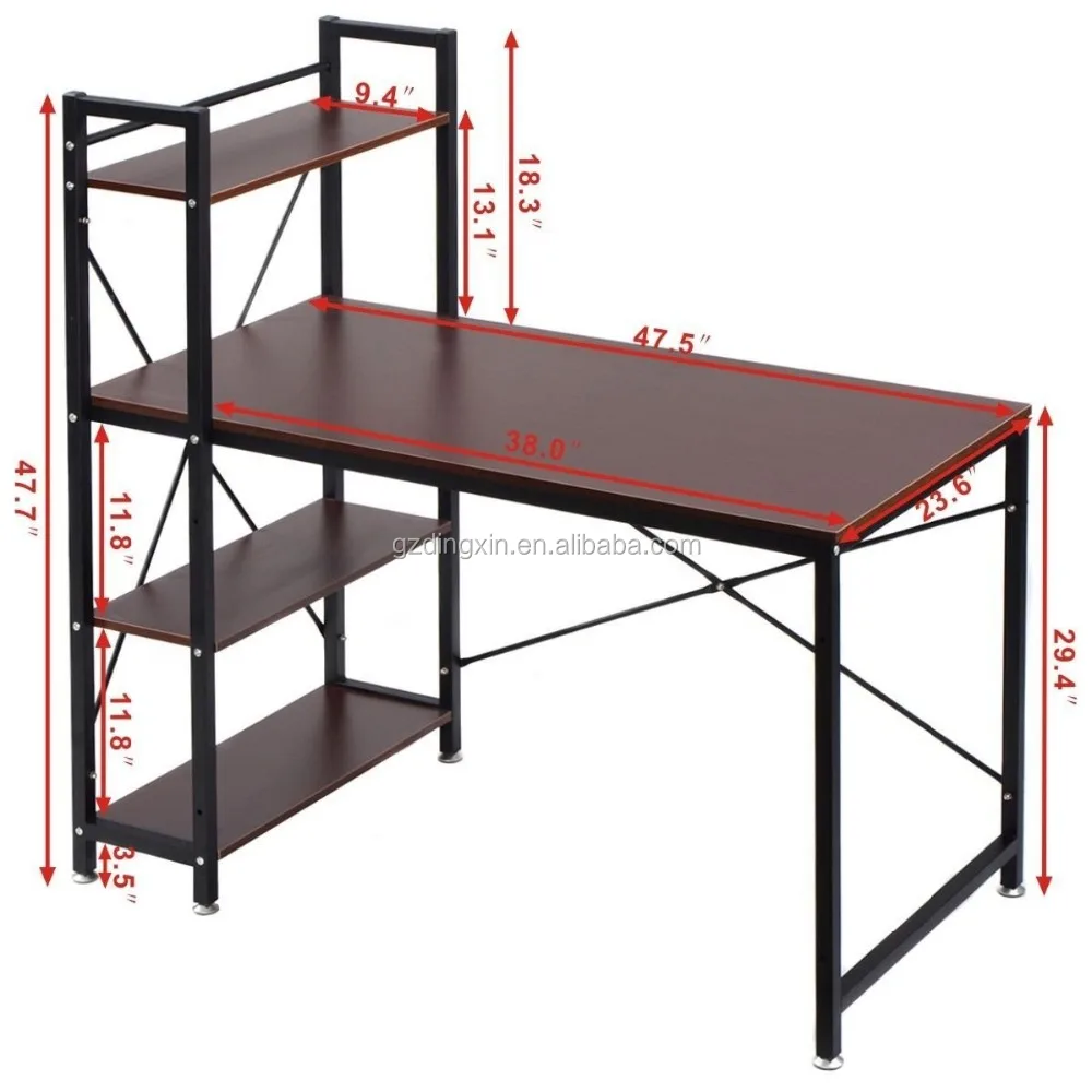 computer desk compact desk with 4 shelves Home office study table brown