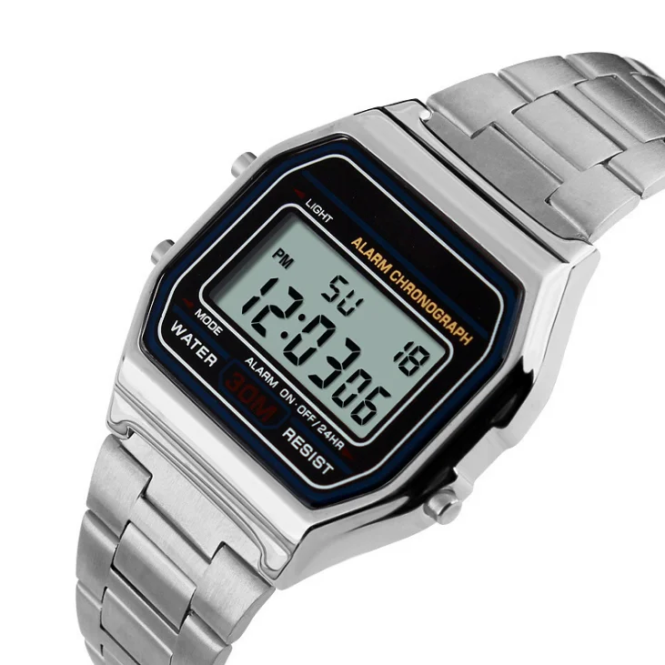 New fashion mens wrist watches digital alarm Japan Movement Quartz  Watches stainless steel band Led general watches