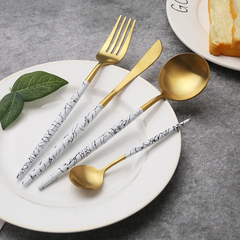 
18/10 Gold Plated Black Gold Matte Flatware Stainless Steel Marble Cutlery Set for Wedding 