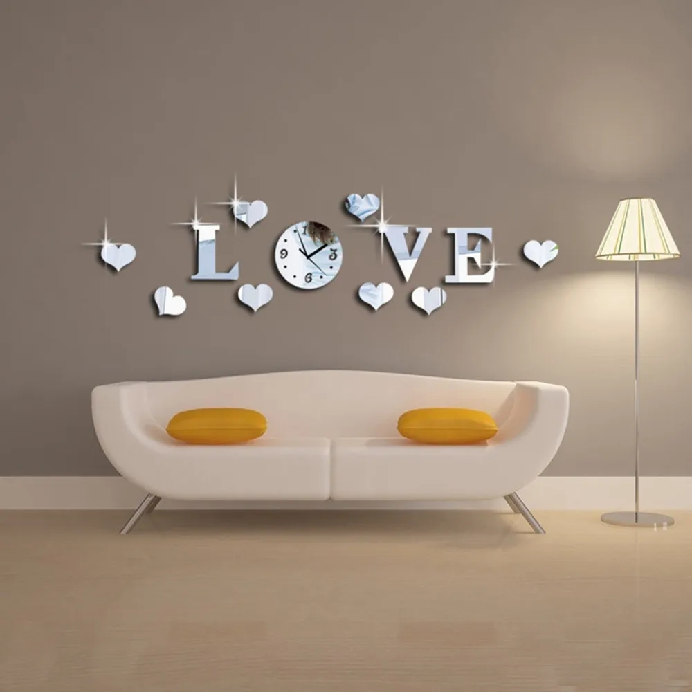 
Luxury Design Crystal Mirror Sticker Clocks Creative Love Heart Wall Clocks 