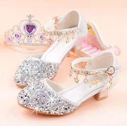 Детские сандалии на высоком каблуке, Новинка лета 2019, модель принцессы со стразами и бантом, обувь для выступлений с кристаллами, серебристая Взрывная модель