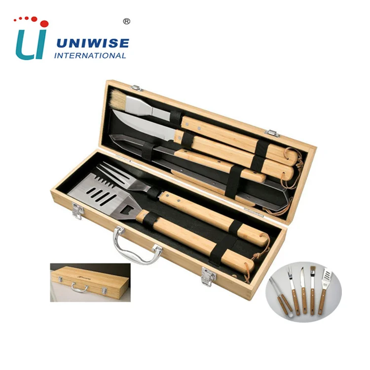 Bamboo Box 5-Piece BBQ Grill Tools Set Outdoor Basting Brush Tong with Wooden Handle Stick Type BBQ Accessories for Baking