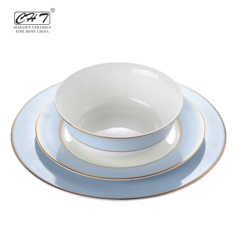 Wholesale different color sky blue complete western luxury dinnerware sets fine bone china dinner set for restaurant hotel used
