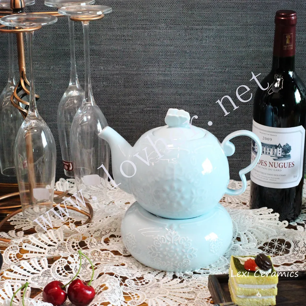 Elegant embossed new bone porcelain heated teapot with warmer for tea set Romantic sweet style