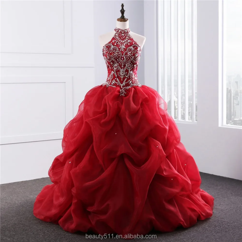 2023 драматические платья для Quinceanera вырез линия бисерная аппликация красное платье из органзы quinceanera 15