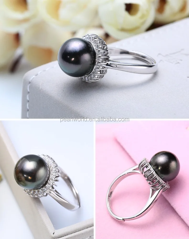 FEIRUN 11-12mm Round New Fashion Pearl Ring Jewelry, Tahitian Pearl Ring, 925 Sterling Silver Pearl Ring