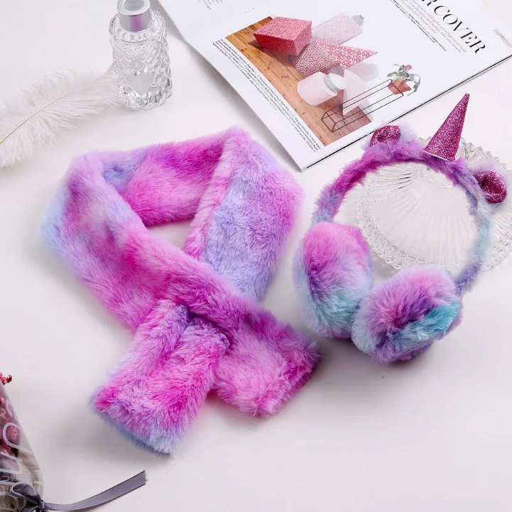 Winter Ear Muffs Ear Warmer Kids Lovely Thicken Plush Unicorn Earmuffs New Custom made rainbow colorful plush scarf