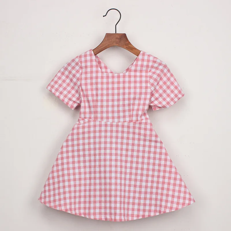 
Western Little Girls Boutique Clothing Blue Plaid Short Sleeve Summer Kids Girls Dress with Bow 
