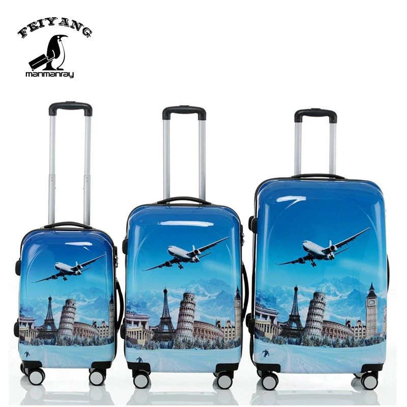 Customized Design 3pcs 20/24/28 size travel suitcase ABS+PC printed luggage