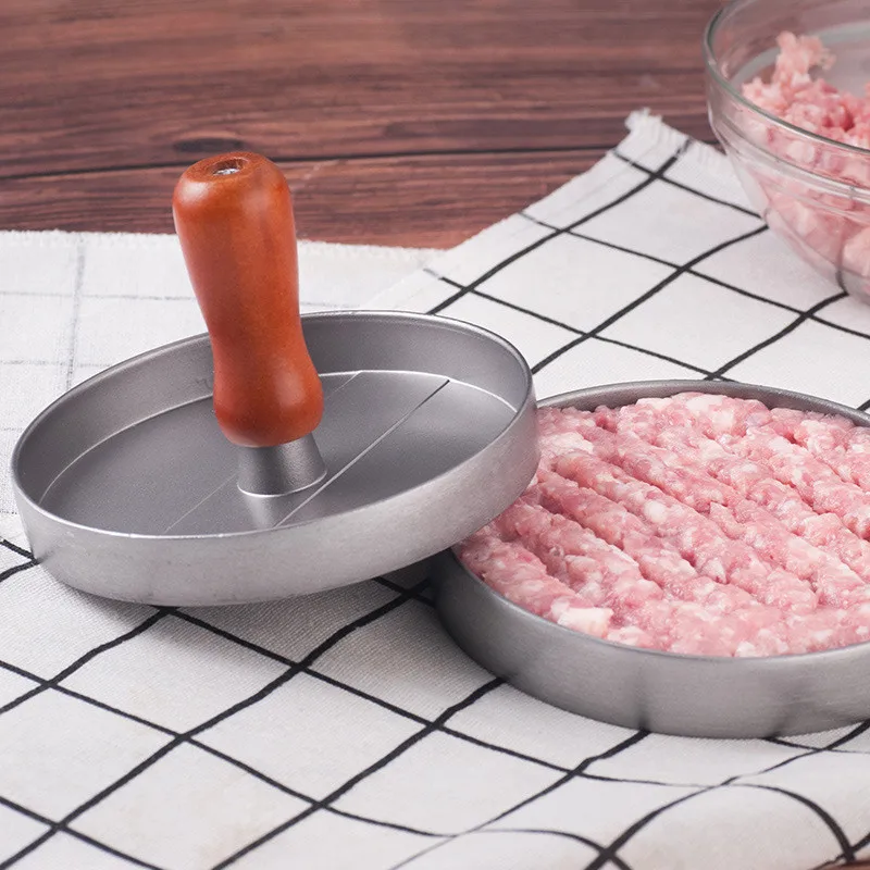 Wood handle round Non-Stick aluminum Alloy hamburger press meat burger patty Press