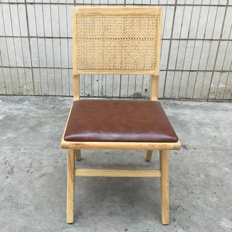 Nordic Coffee Shop French Rattan Cane Leather Wooden Dining Chair on Sale