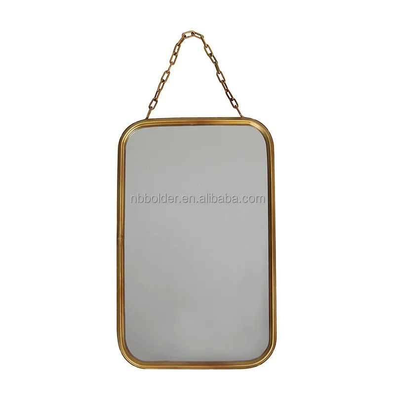 Wholesale bathroom living room wall hanging decorative rectangular gold metal frame dressing mirror with chain