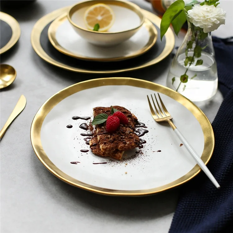 Wedding dinnerware personalized white glaze gold rim porcelain dinner plate for wedding