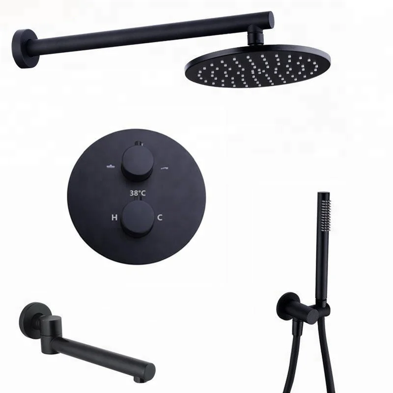 Brass Black Shower Faucets 8-12 Inch Bathroom Shower Diverter 2&3 Ways Thermostatic Valve Shower System