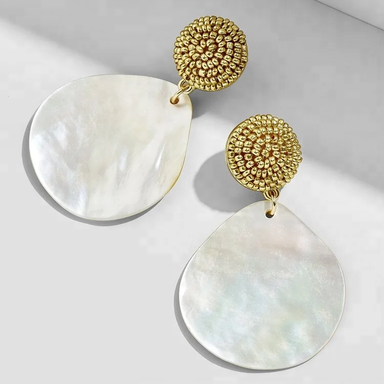 Fashion Seed Beads Wrapped caviar Post Shell Earrings Water Drop Mother of Pearl Earrings