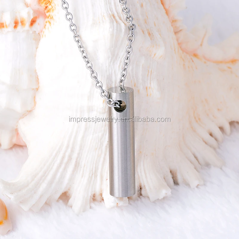  High Polish Silver Tone Cylinder Cremation Urn Necklace Engravable Stainless Steel Keepsake Jewelry Men Ashes Pendant