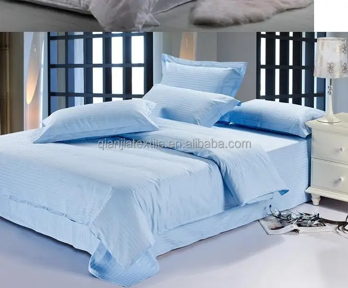 High quality Blue color 100% cotton material satin stripe  bedsheet for home and hotel
