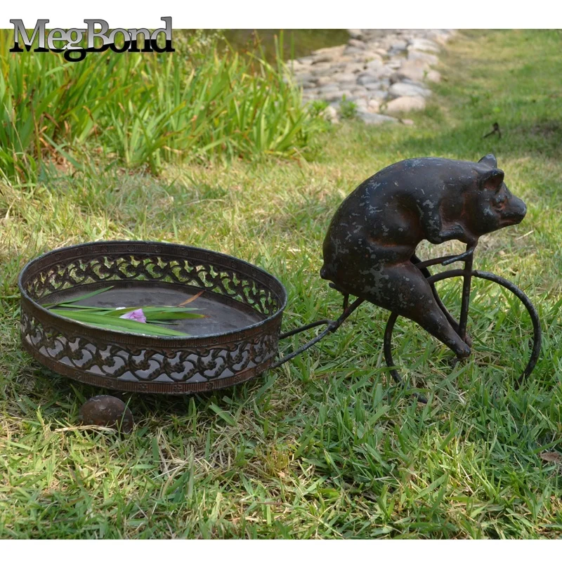 Metal pig on bicycle planter holder, Cast iron decorative flower pot stand