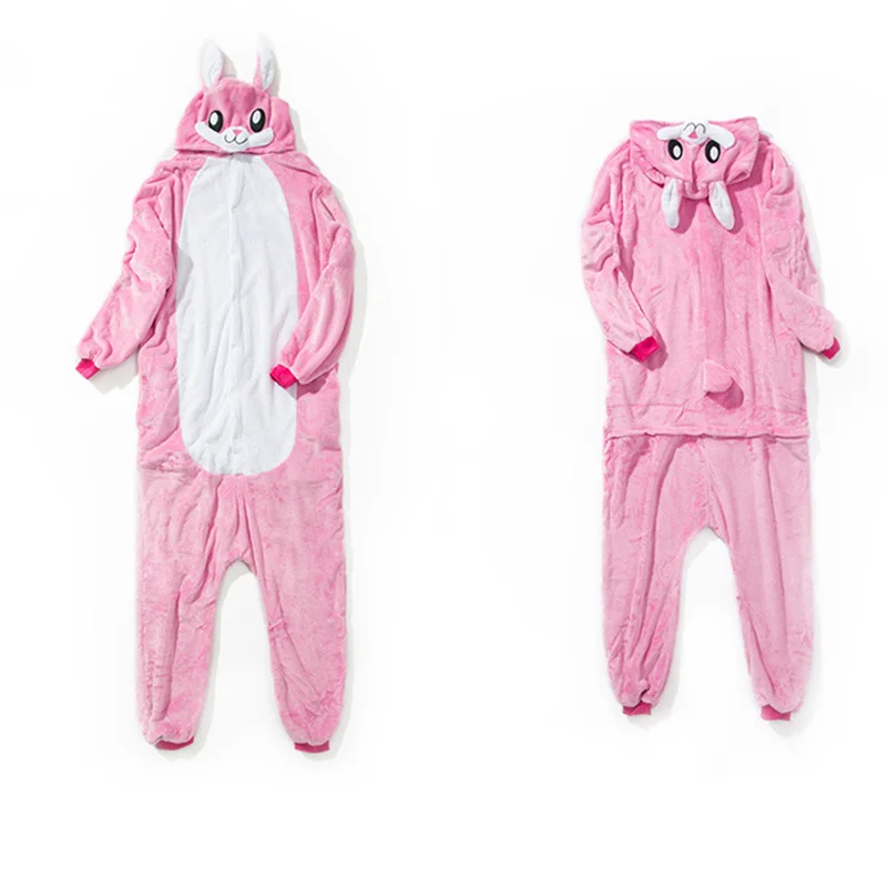 Women Winter 2021 Warm Hooded Cute Animal Onsies Pink Rabbit Unisex Pajamas Set Sleepwear With Flannel Cartoon Pyjamas For Adult