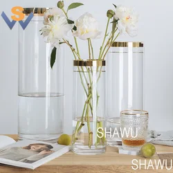 wholesale wedding cheap flower cylinder glass vase with gold rim for decoration