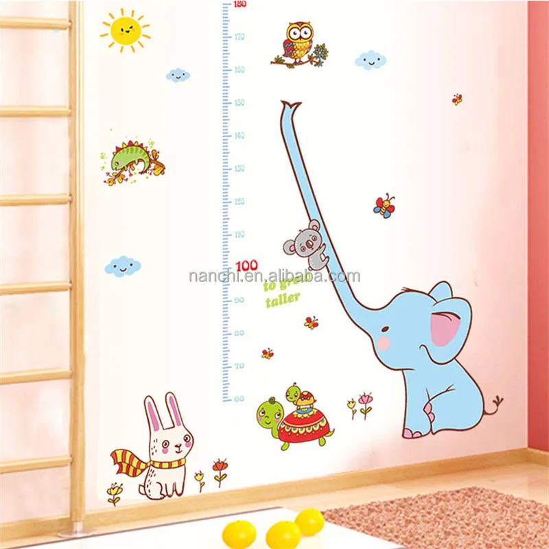 Cute Elephant Animals Stack Height Measure Wall Stickers Decal Kids Adhesive Vinyl Wallpaper Mural Baby Kids Room Nursery Decor