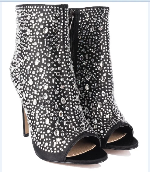 
Women gender ankle boots fashion high stiletto heel open toe with shimmering jewels ankle boots 
