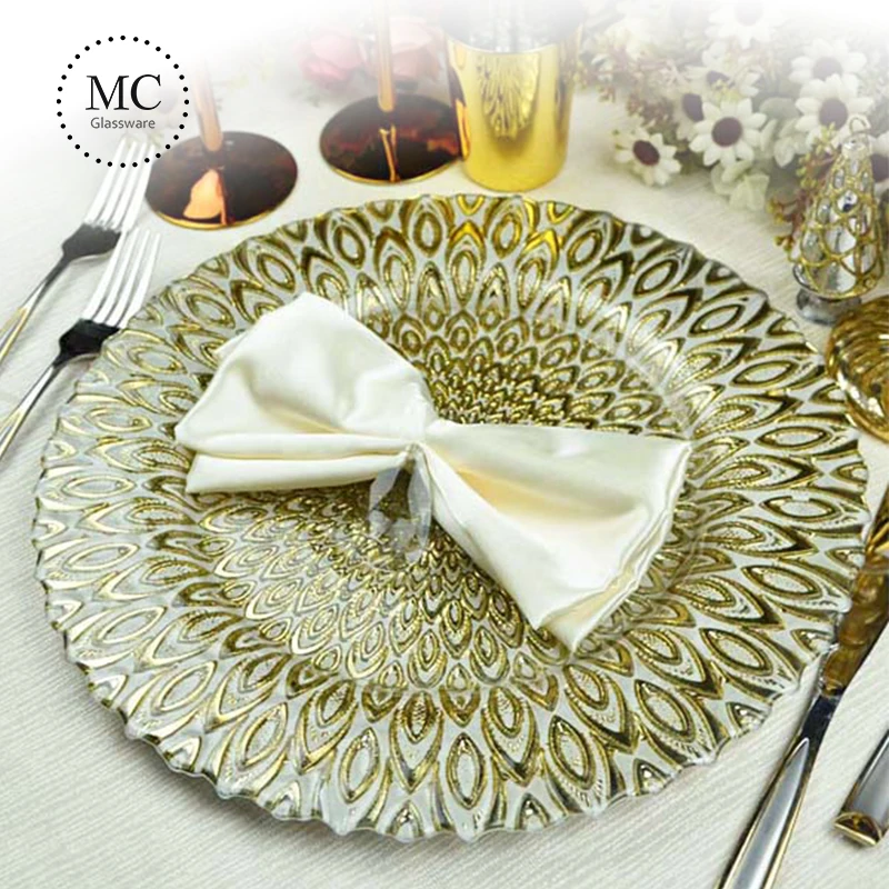 Fancy glass silver peacock charger plates decoration for wedding