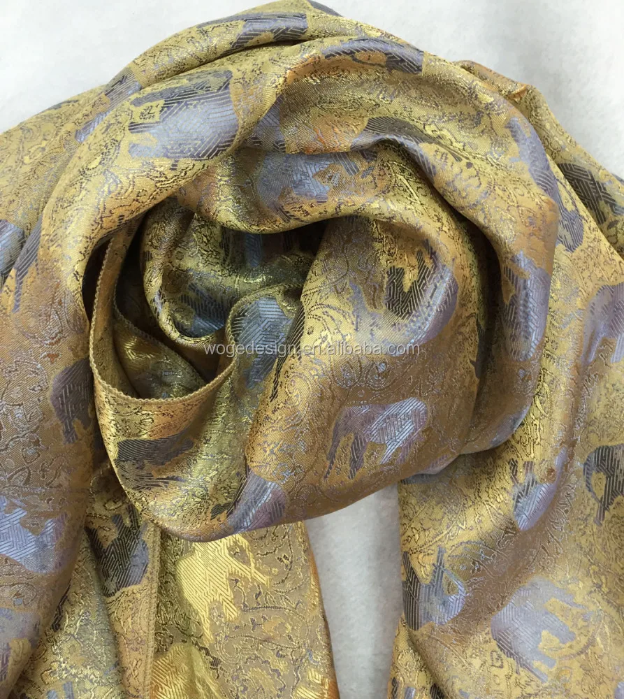 Fashion hot sold famous superb Thai design womens trims shawls hijab wraps jacquard gold elephant imitation silk scarf pashmina