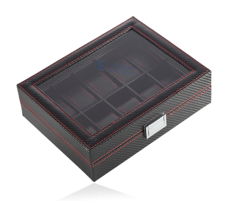 10 Slot Fashion Men Leather Carbon Fiber Luxury Black Pu Wrist Watch Organizer Display Storage Box