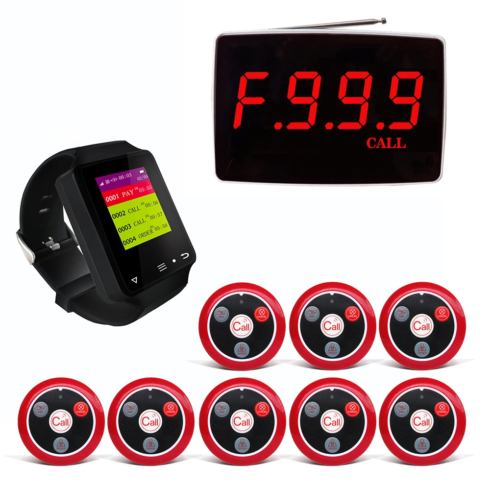 Artom restaurant caller system wireless with 10 pagers call button and waterproof watch set in French Spanish Russian