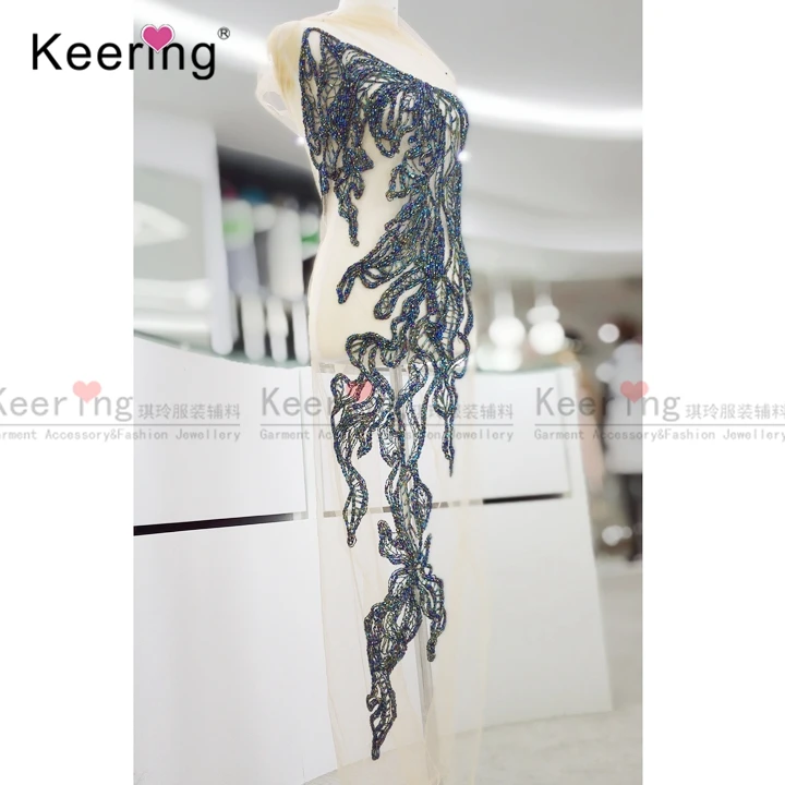 popular beaded lace fabric bodice applique work design for gown WPH-1804