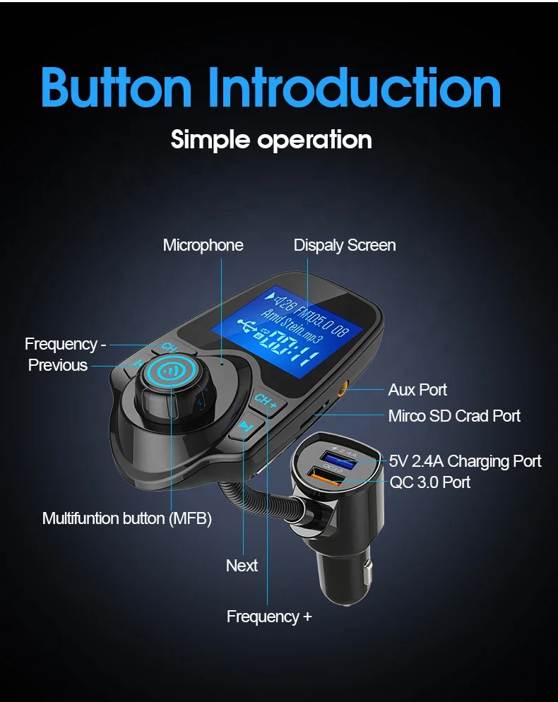  Автомобильный MP3-плеер AGETUNR T10Q V4.2 Bluetooth FM-передатчик стерео зарядное устройство QC3.0 ЖК-дисплей 1 44 дюйма Выход