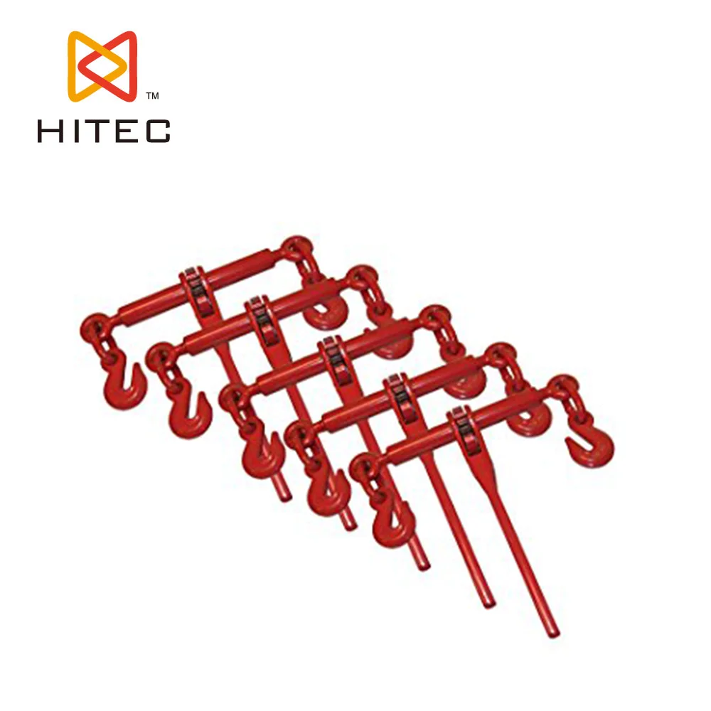 Ratchet type load binder painted red with hook rigging hardware