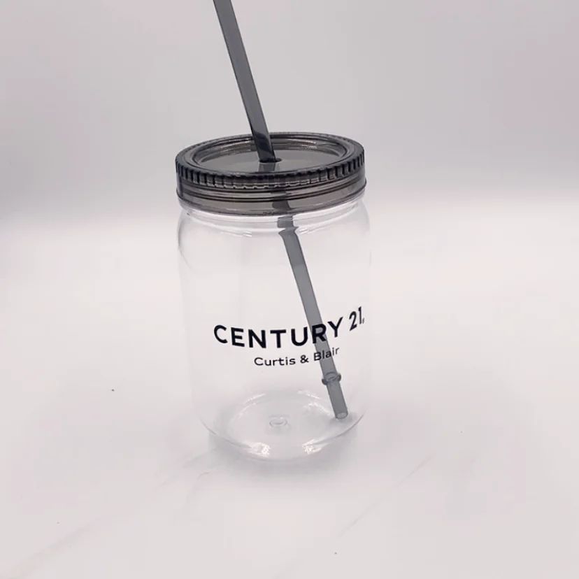 20oz Mason Jar Tumbler with Plastic Ice Cubes, 22oz single wall plastic mason jar without handle, Personalized Mason Jar Tumbler