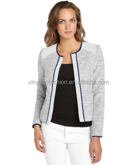 
Sexy Womens Leather Trim Cotton Tweed Jacket 